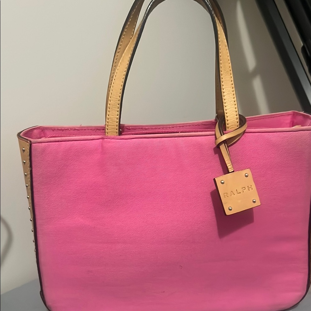 Ralph Lauren Pink fabric and Tan Vachetta Leather Trim with Studs Tote Bag